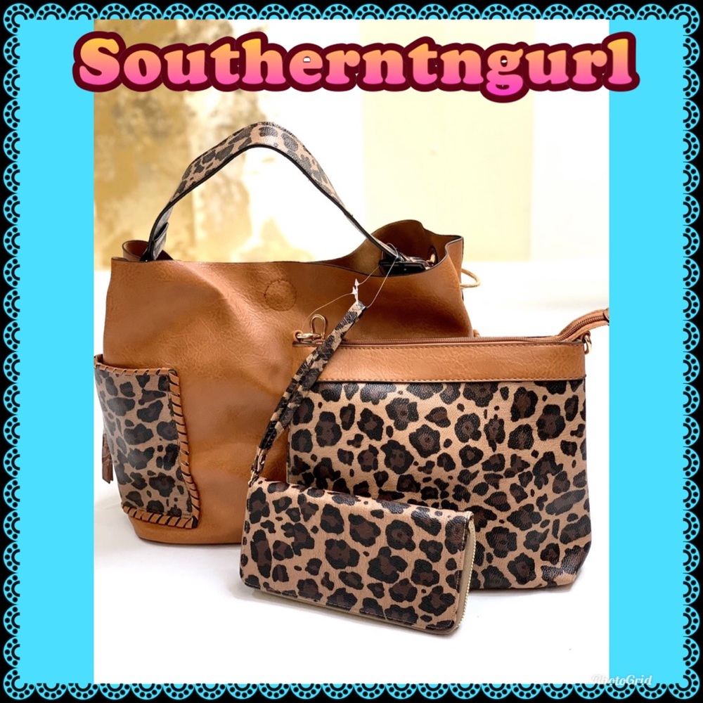 NWT Large 3 piece Leather Cheetah Shoulder bag Purse Crossbody Wallet set